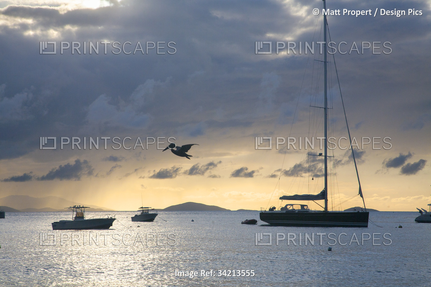Silhouette of boats moored off shore along the ocean front at Cane Garden Bay ...
