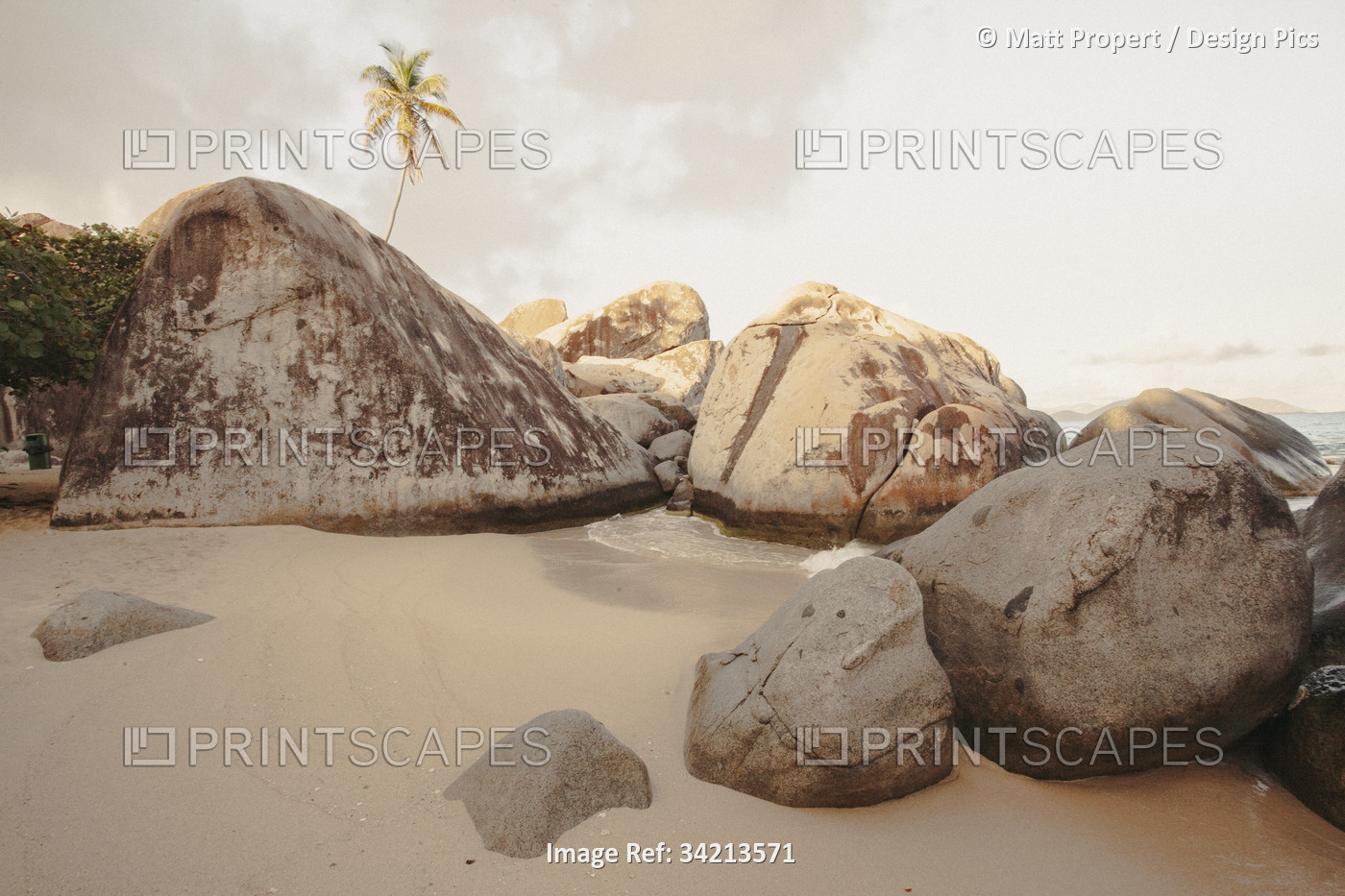 Close-up view of the large, boulders on the seaside shores of The Baths, a ...
