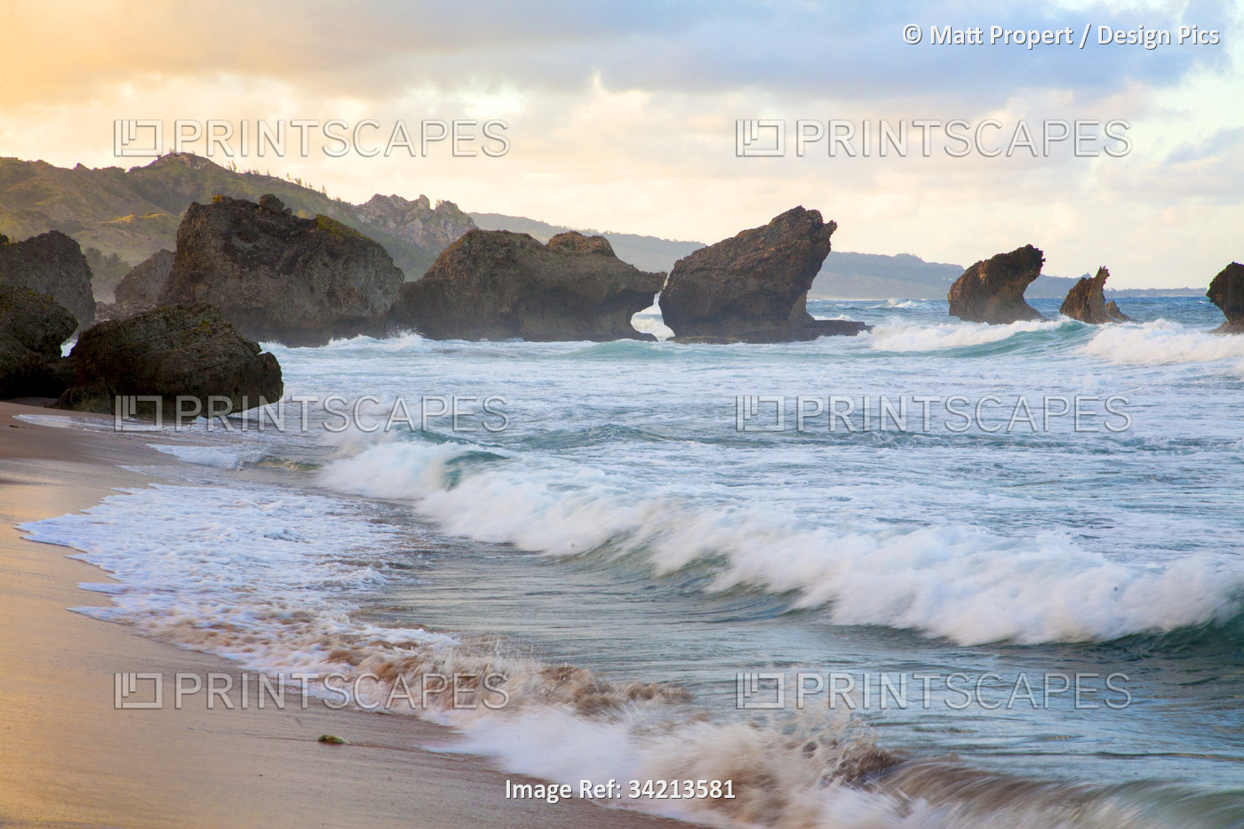 Scenic view of sea stacks with large surf, ocean waves crashing against the ...