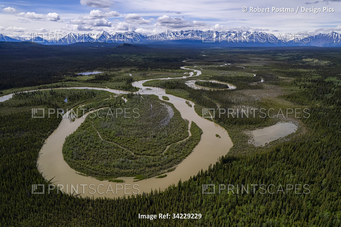 Stunning aerial shot of a river loop flowing through the forested landscape as ...