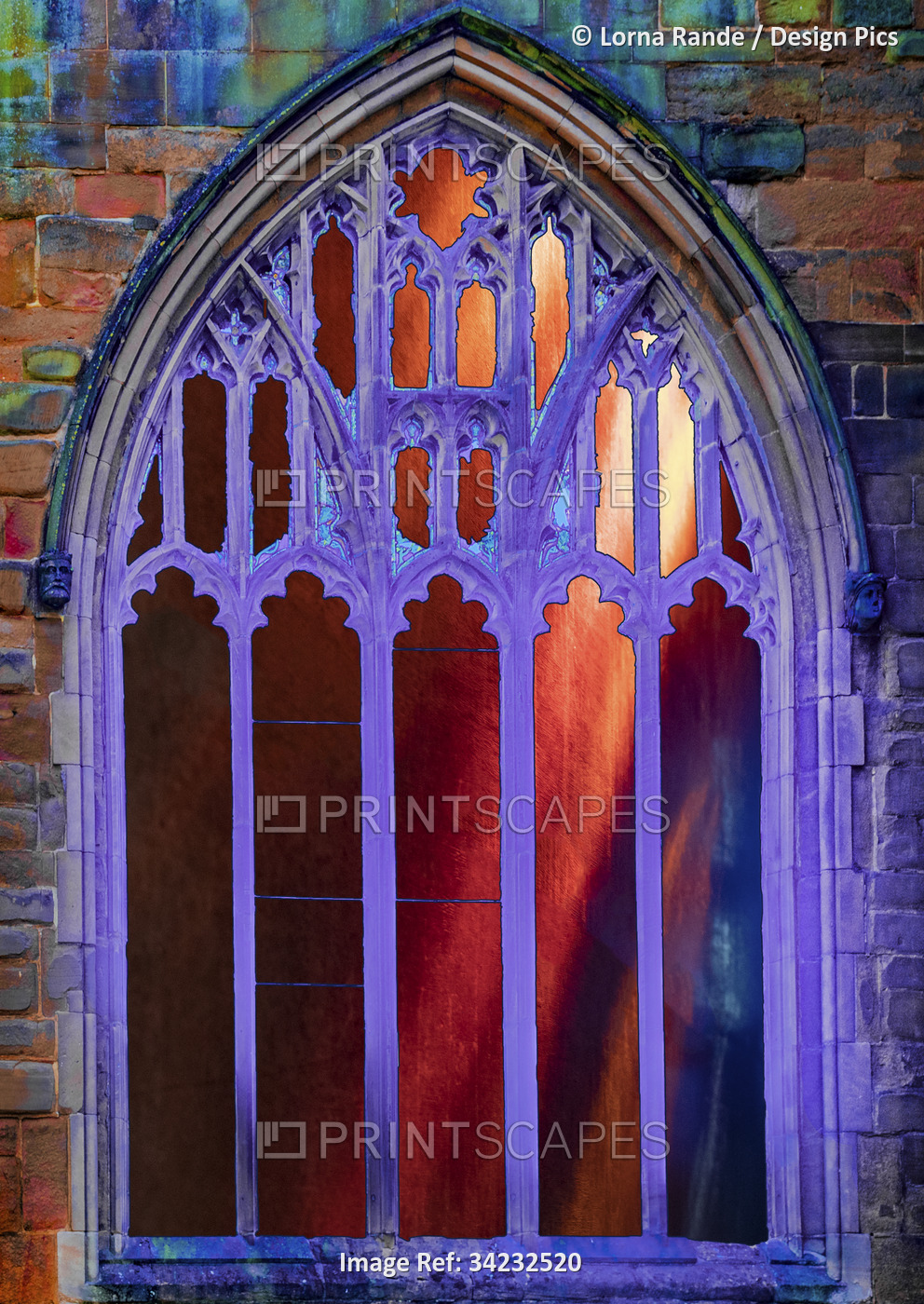 Close-up of a window with decorative panes of glass on a brick wall; United ...