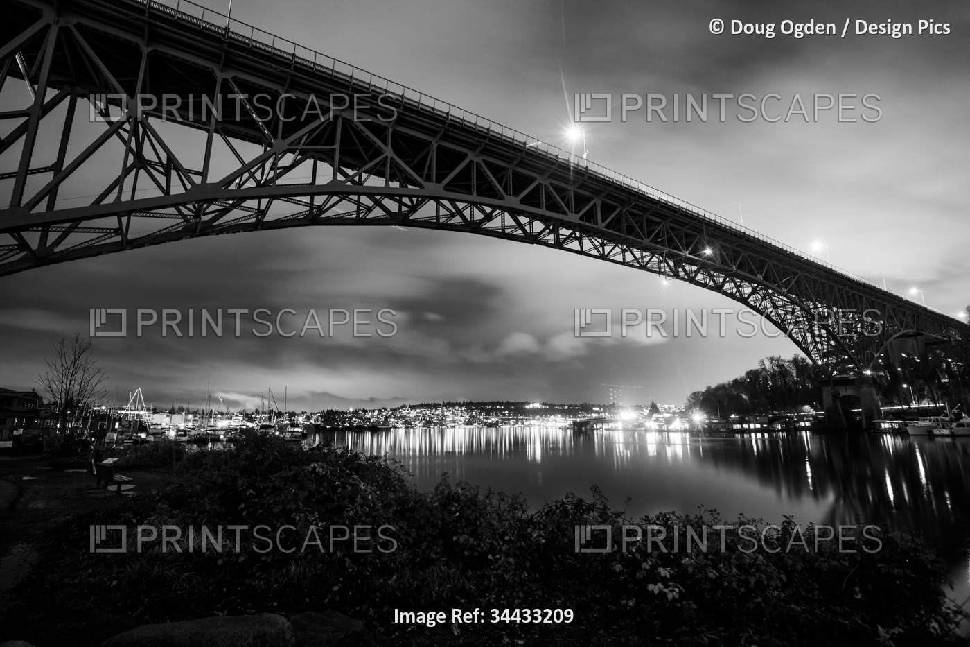 Rainy night monochrome view up Fremont Cut and across Lake Union to Eastlake, ...