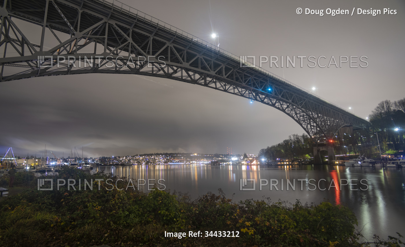 Rainy night view up Fremont Cut and across Lake Union to Eastlake, (Seattle) ...