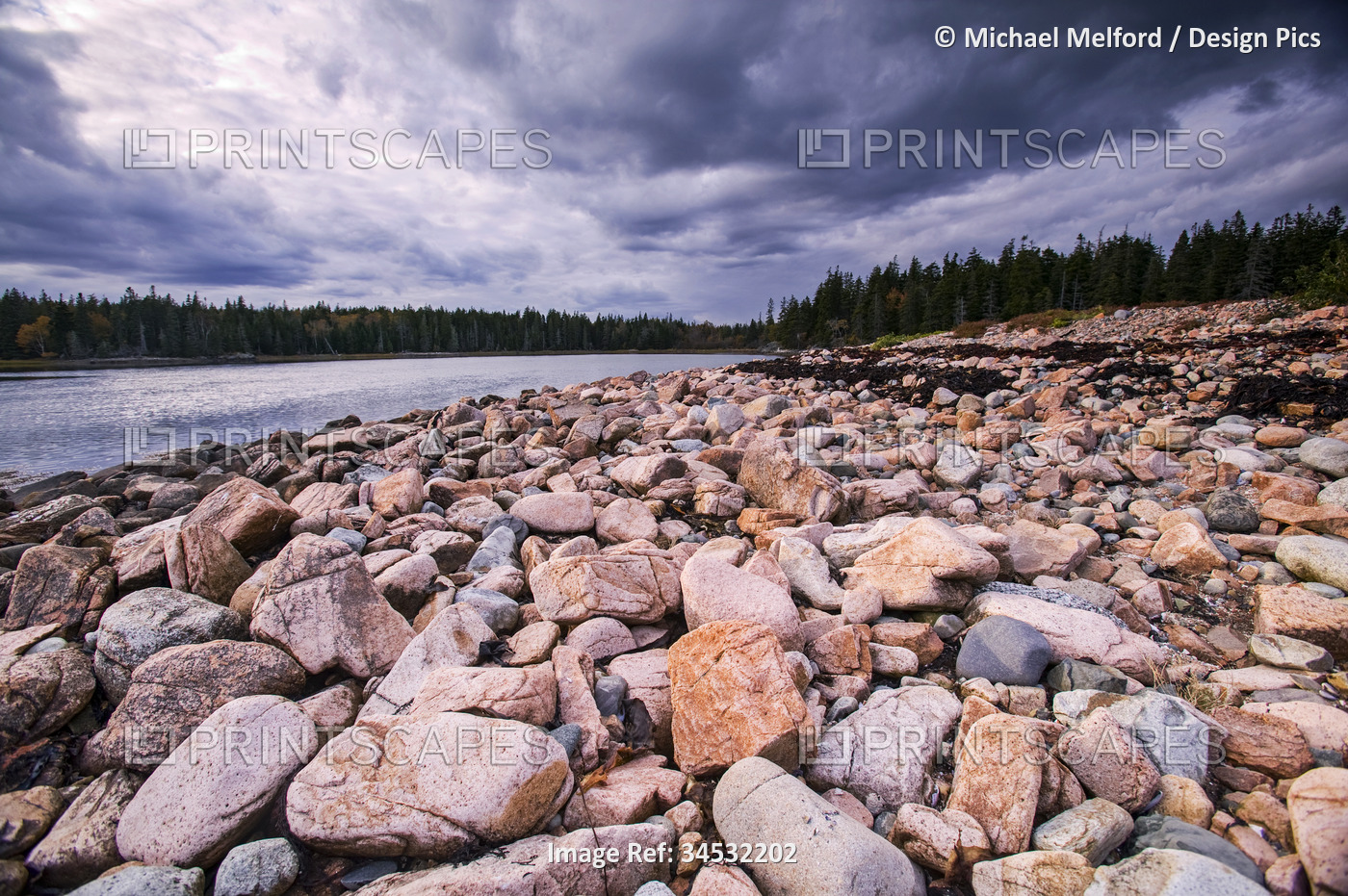 Rocks line the coast of Acadia National Park; Maine, United States of America