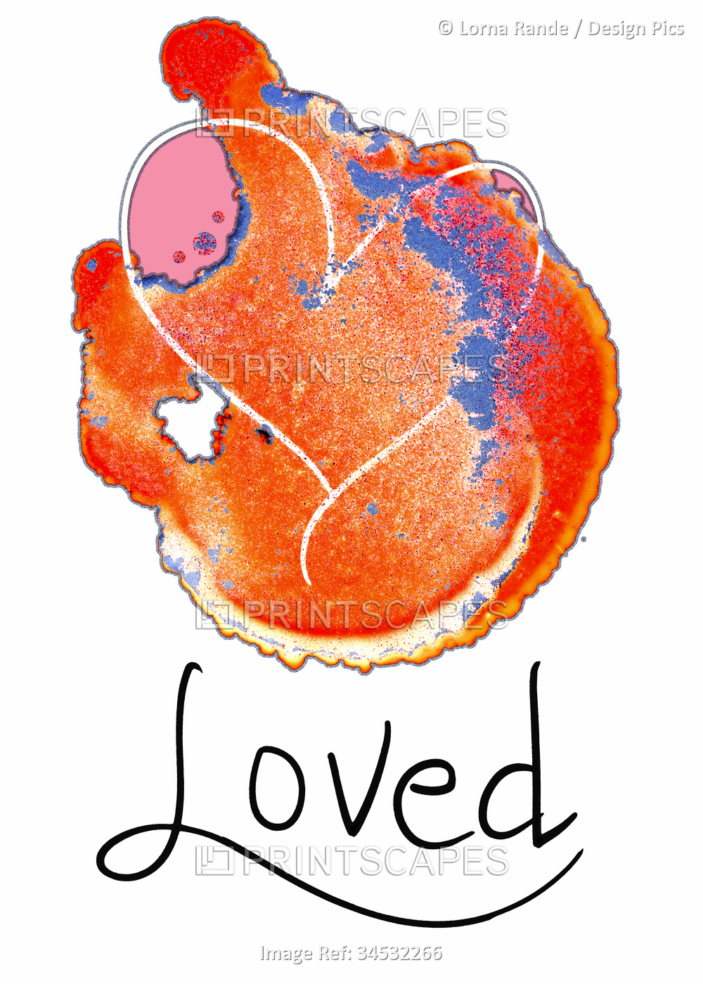 Ink art with a heart and the word 'Loved' on a white background; Artwork