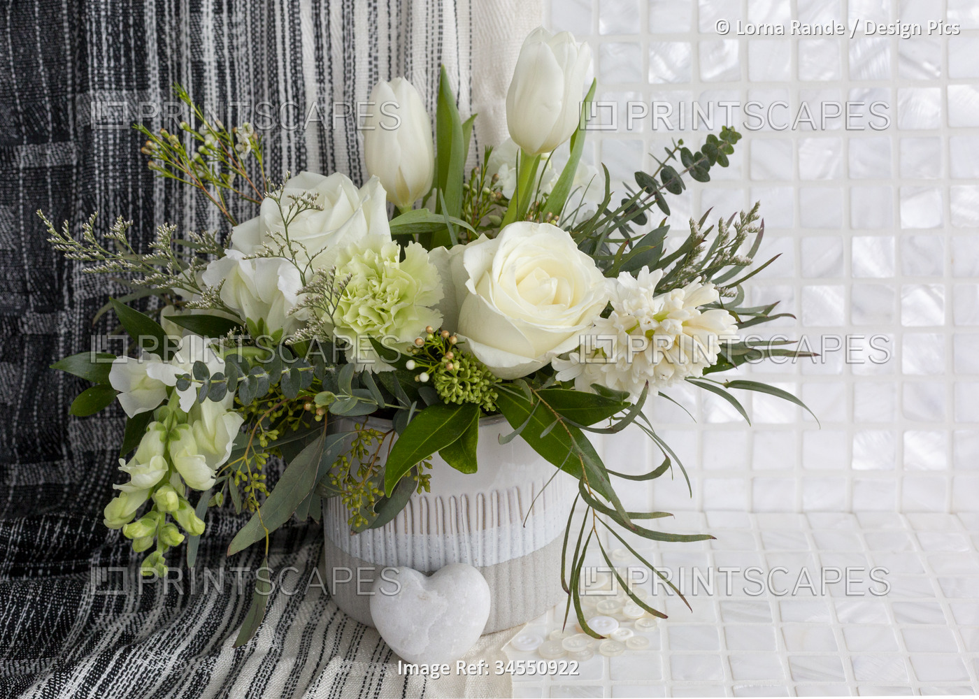 Bouquet of a variety of white flowers; Studio