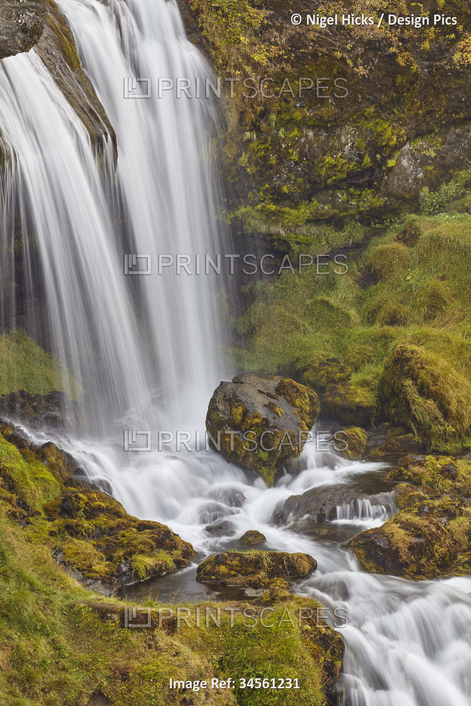 Hafrafell waterfall in mountains near Stykkisholmur, Snaefellsnes peninsula, ...