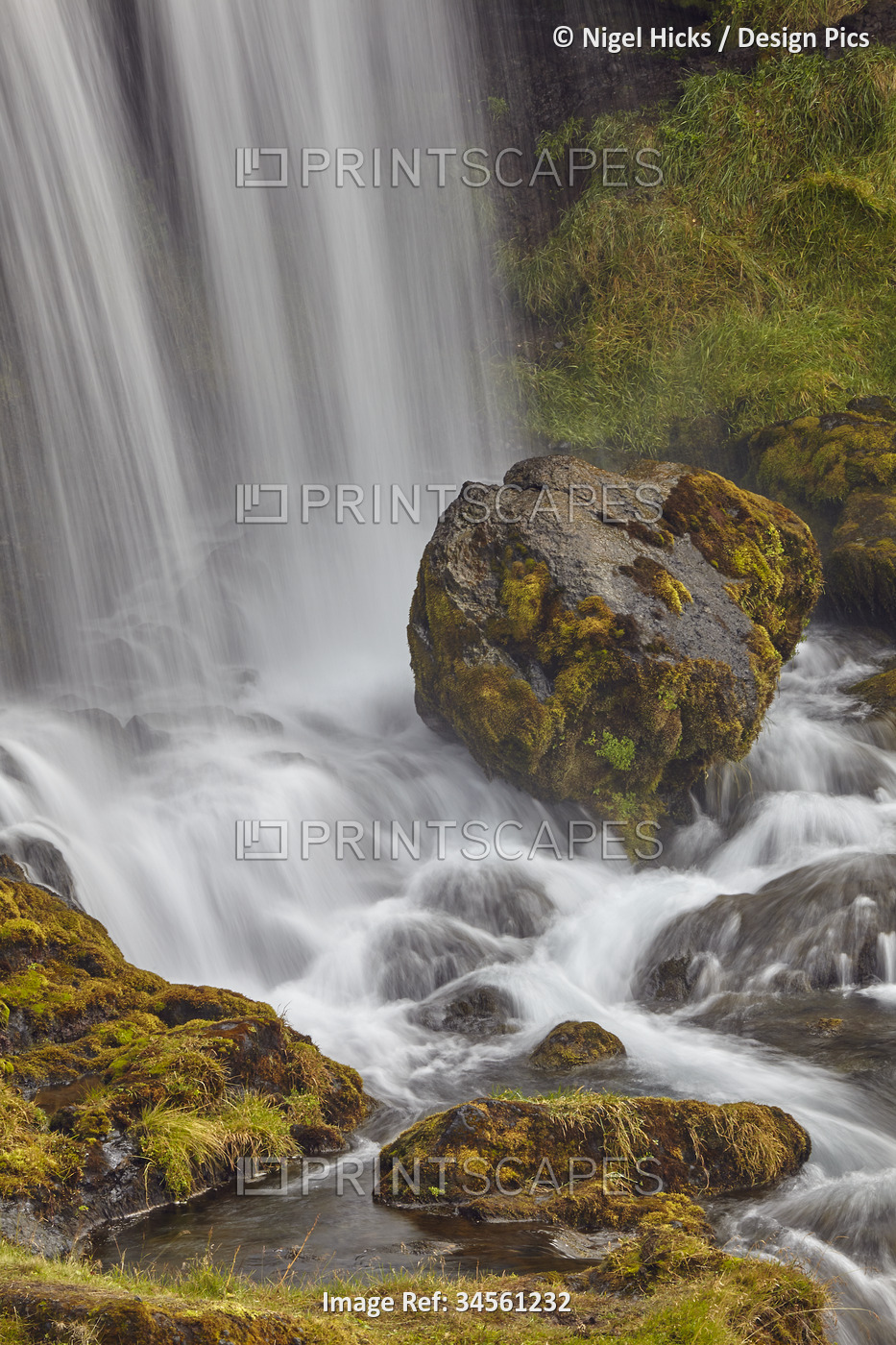 Hafrafell waterfall in mountains near Stykkisholmur, Snaefellsnes peninsula, ...