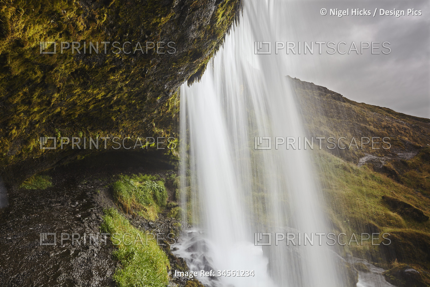 Cascading Hafrafell waterfall in mountains near Stykkisholmur, Snaefellsnes ...