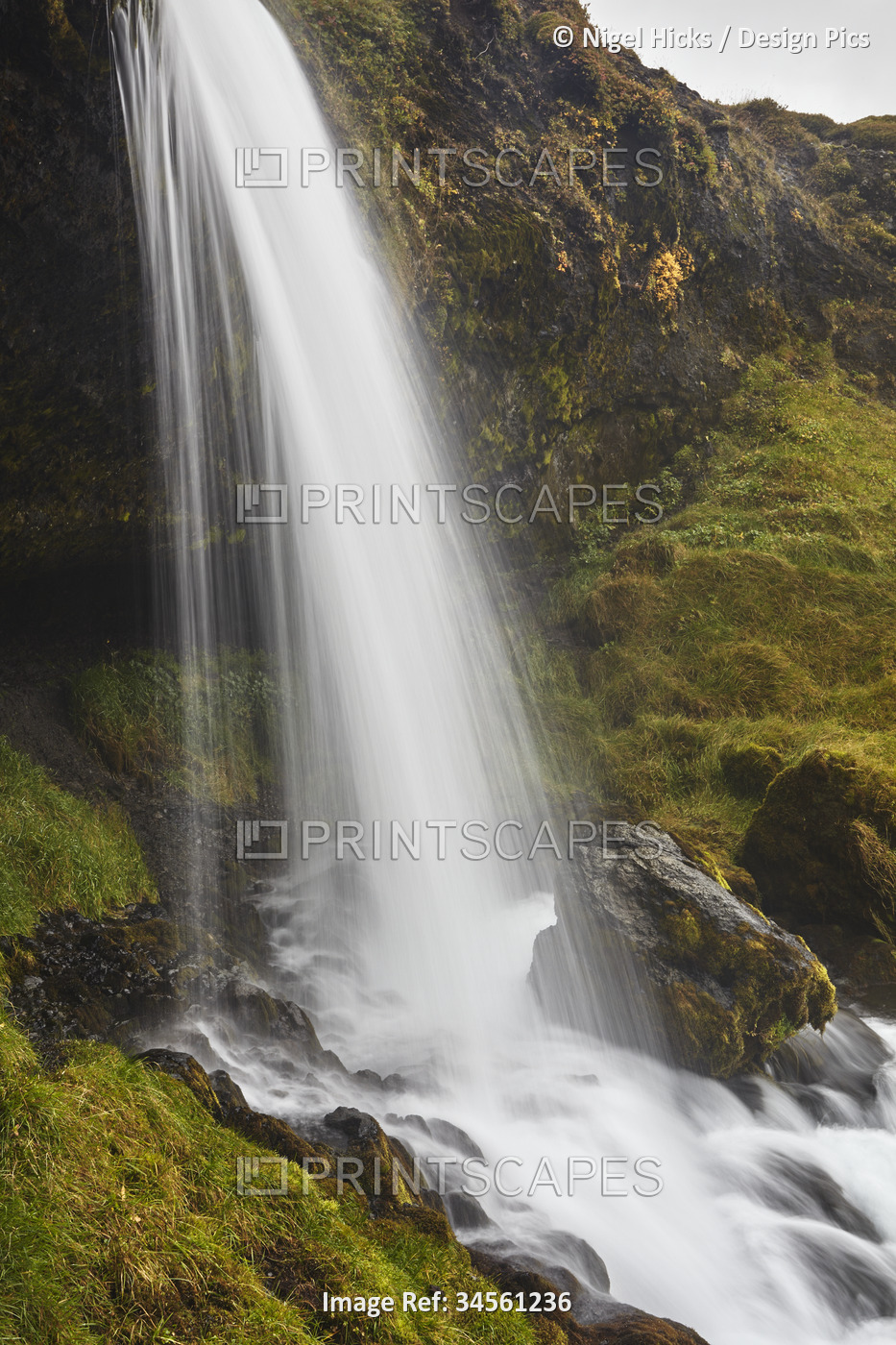 Cascading Hafrafell waterfall in mountains near Stykkisholmur, Snaefellsnes ...