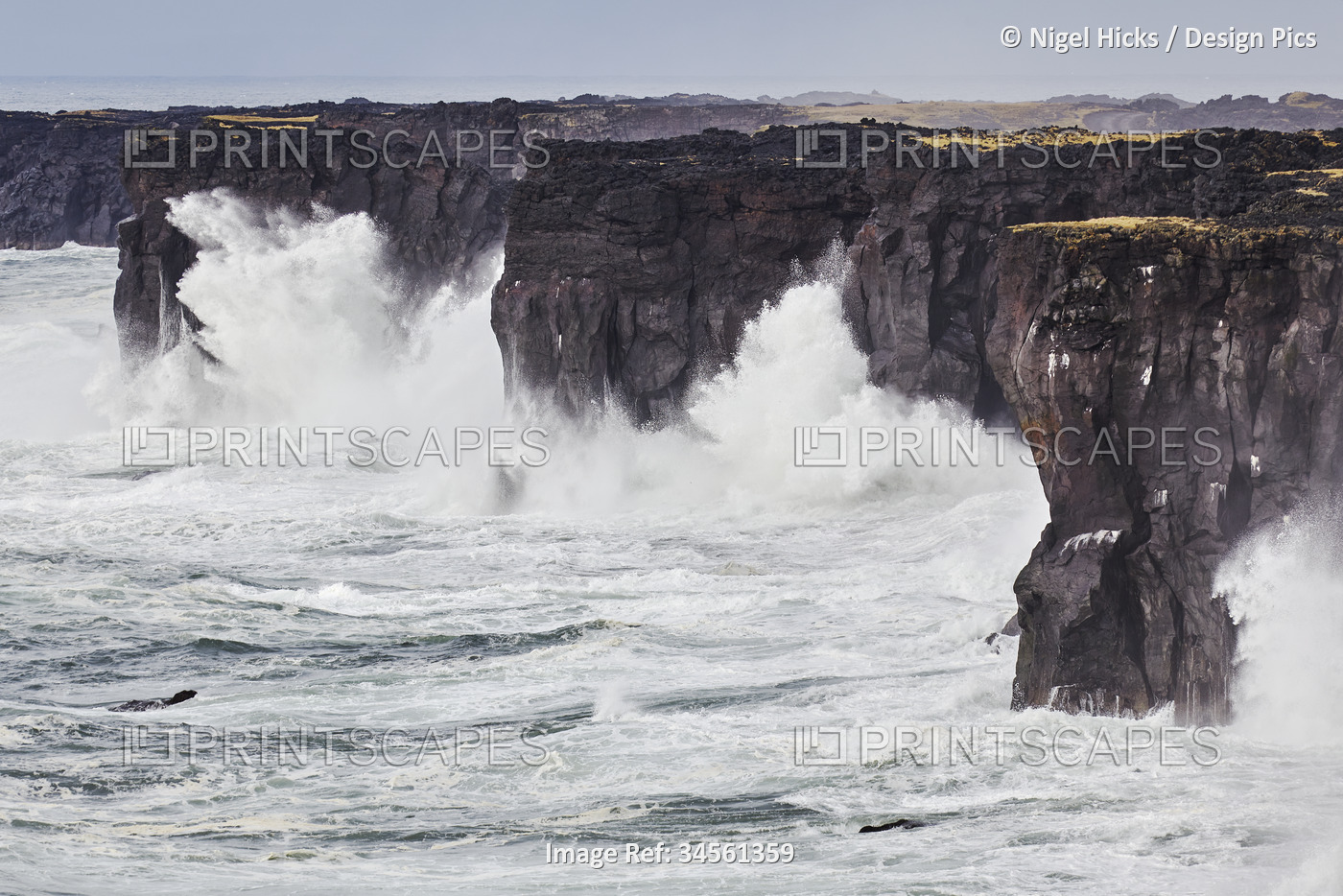Surf on cliffs at Skalasnagi, Snaefellsnes peninsula, west coast of Iceland; ...