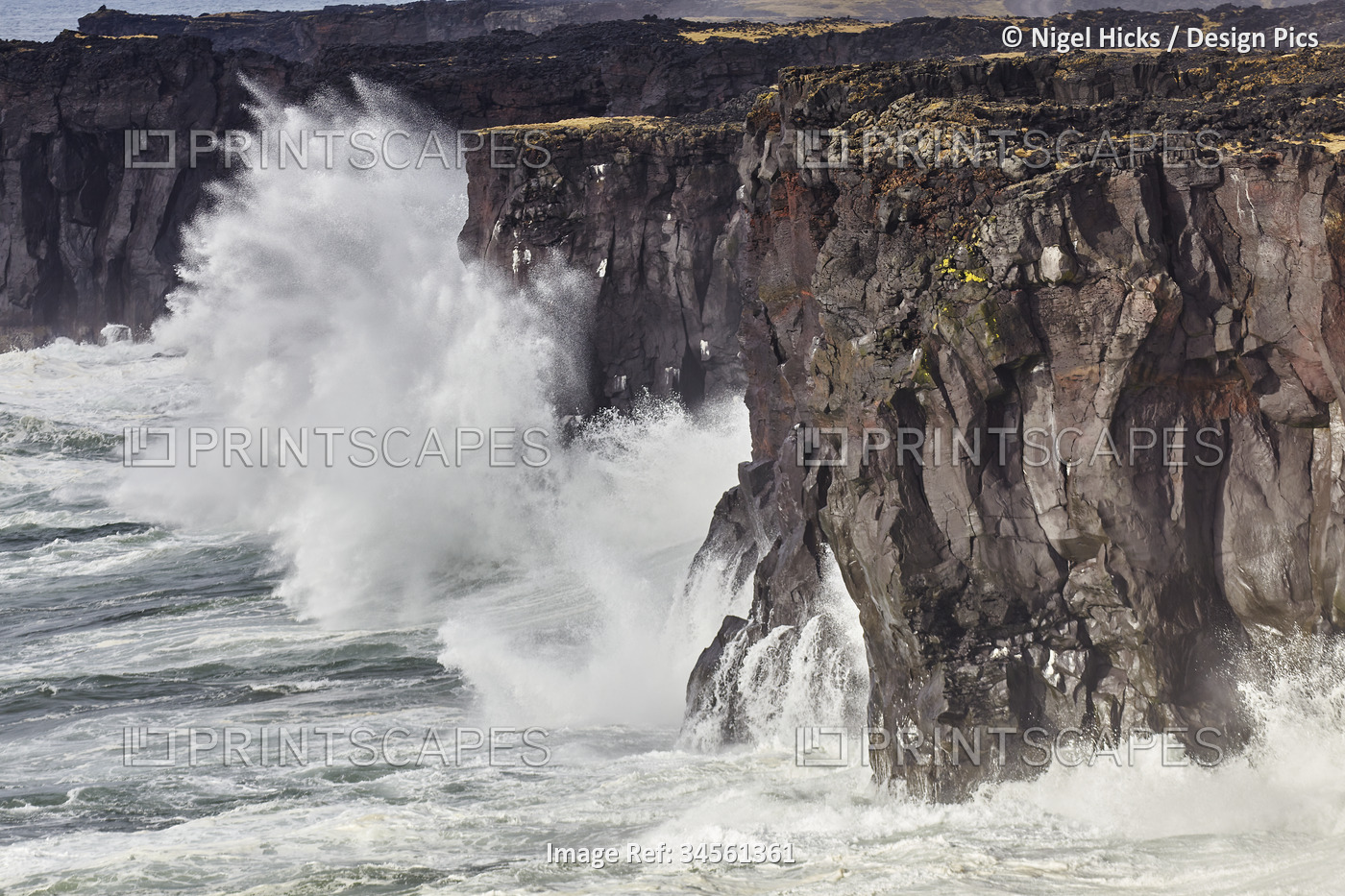 Surf on cliffs at Skalasnagi, Snaefellsnes peninsula, west coast of Iceland; ...