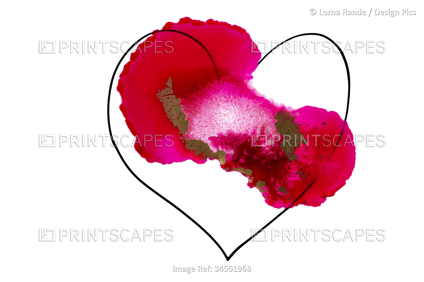Ink art, Ink Hearts, with pink, red and gold floral influences on a white ...