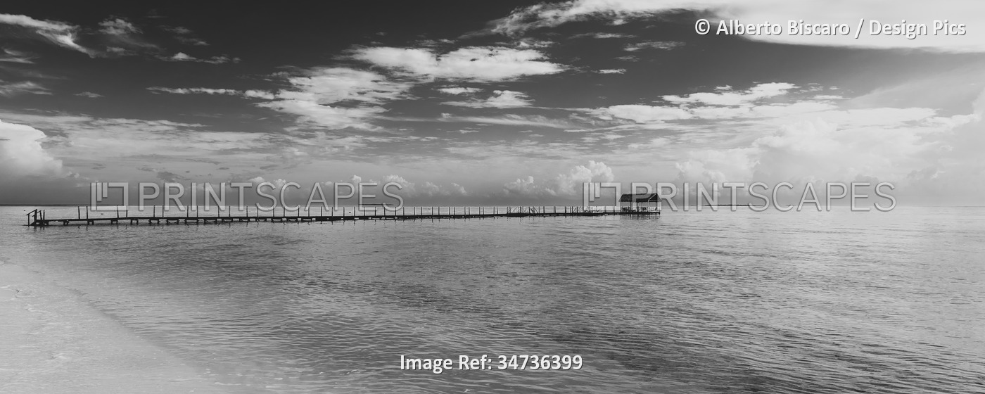 View in black and white of a jetty off the beach of a resort in Cayo Guillermo; ...